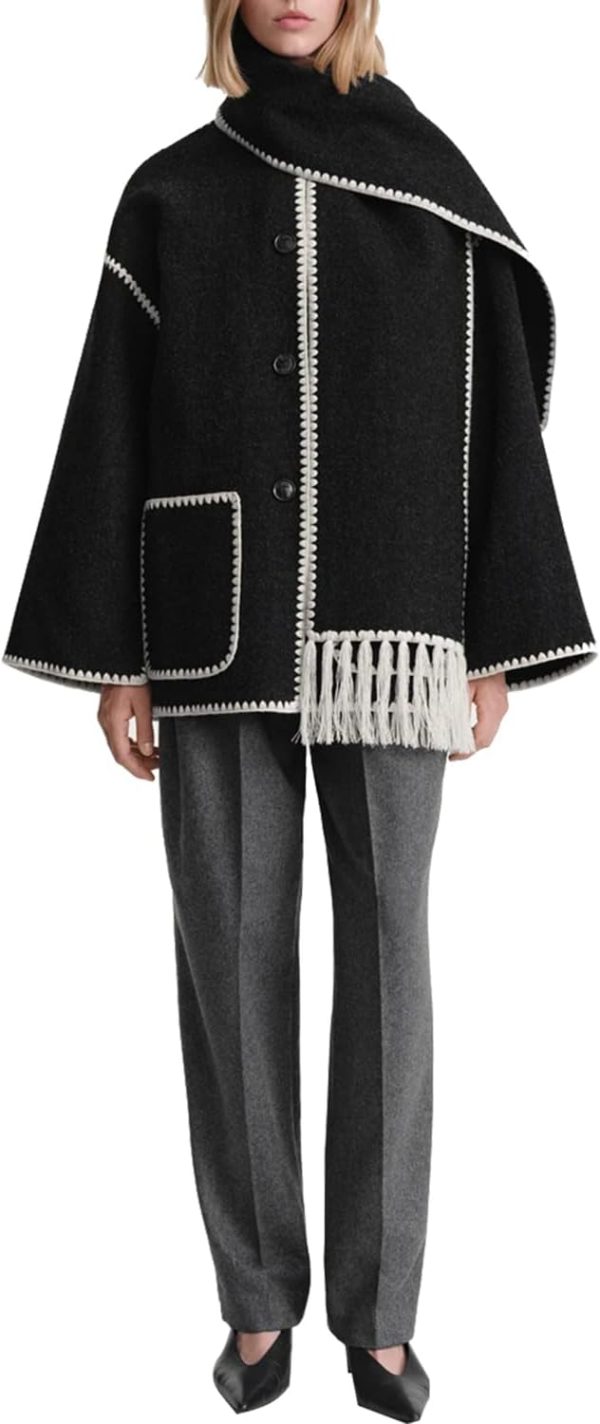 women's Winter Wool Coats Embroidered Button Down Woolen Blend Trench Coat with Tassel Scarf