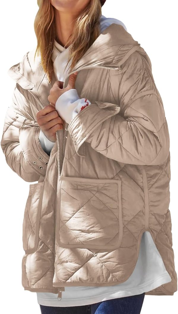 Womens Quilted Puffer Jacket Hooded Long Sleeve Zip Up Winter Coat Lightweight Warm Jackets with Pockets