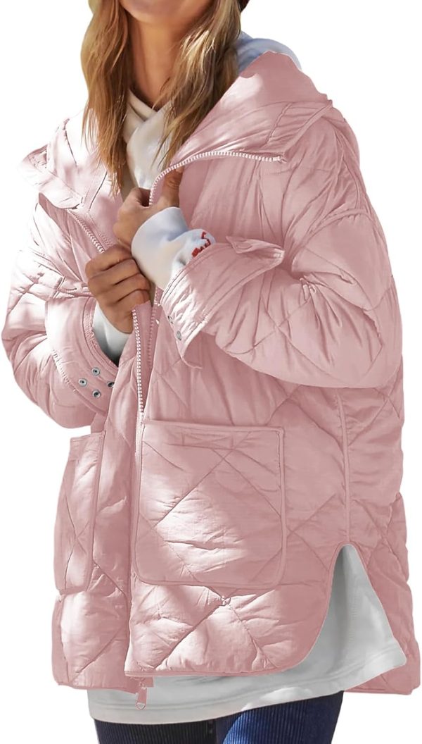 Womens Quilted Puffer Jacket Hooded Long Sleeve Zip Up Winter Coat Lightweight Warm Jackets with Pockets