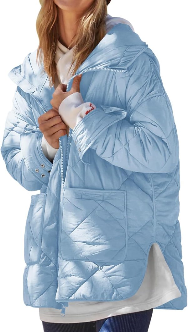 Womens Quilted Puffer Jacket Hooded Long Sleeve Zip Up Winter Coat Lightweight Warm Jackets with Pockets