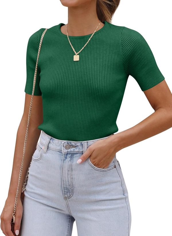Women's Tops Short Sleeve Trendy Ribbed Knit Basic Tshirts