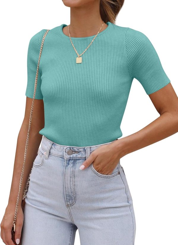 Women's Tops Short Sleeve Trendy Ribbed Knit Basic Tshirts