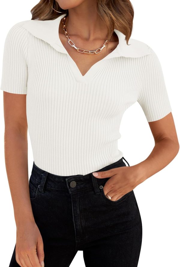 Women's Short Sleeve V Neck T Shirts  Summer Ribbed Knit Slim Fitted Basic Solid Color Tee Tops