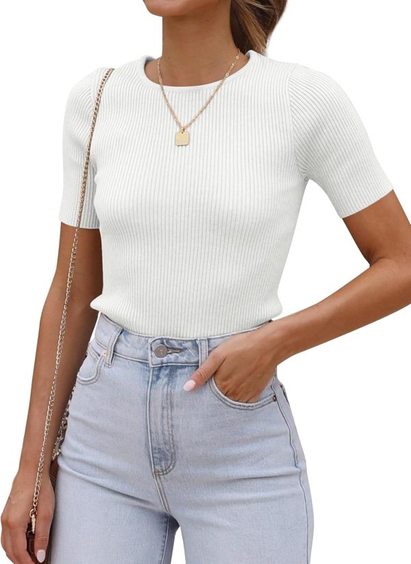 Women's Tops Short Sleeve Trendy Ribbed Knit Basic Tshirts