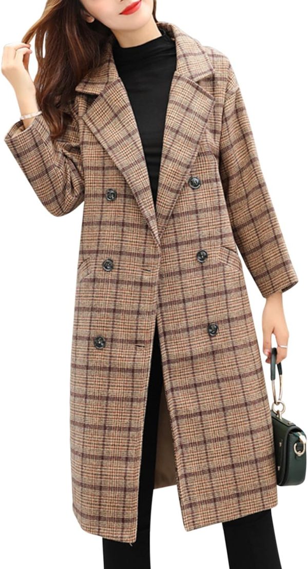 Women's Notch Lapel Double Breasted Wool Blend Mid Long Pea Trench Coat