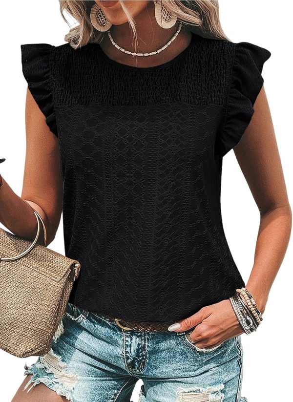 Women's Summer Knit Tops  Hollow Out Crewneck Cute Ruffle Short Sleeve  Women's T Shirts Blouses