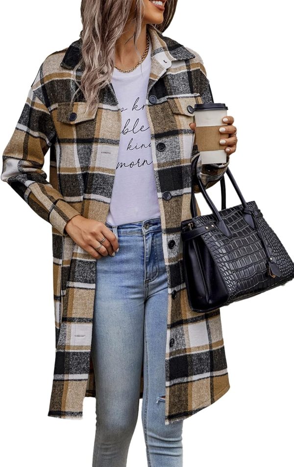Women's Plaid   Long Sleeve Button Up Flannel Shirt Winter Tartan Jacket Woolen Coats