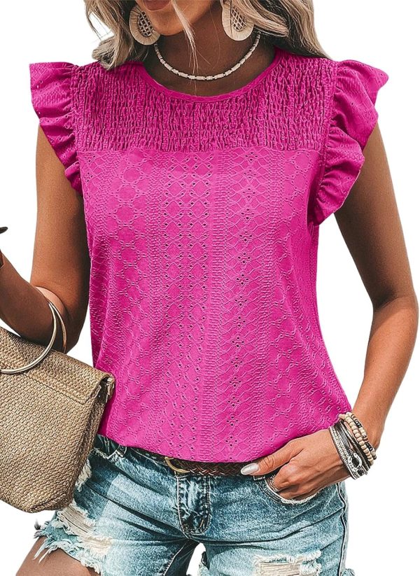 Women's Summer Knit Tops  Hollow Out Crewneck Cute Ruffle Short Sleeve  Women's T Shirts Blouses